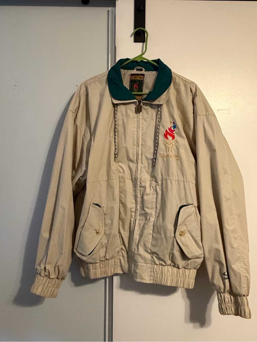 Authentic Original Vintage Style Beige Windbreaker with Green Collar